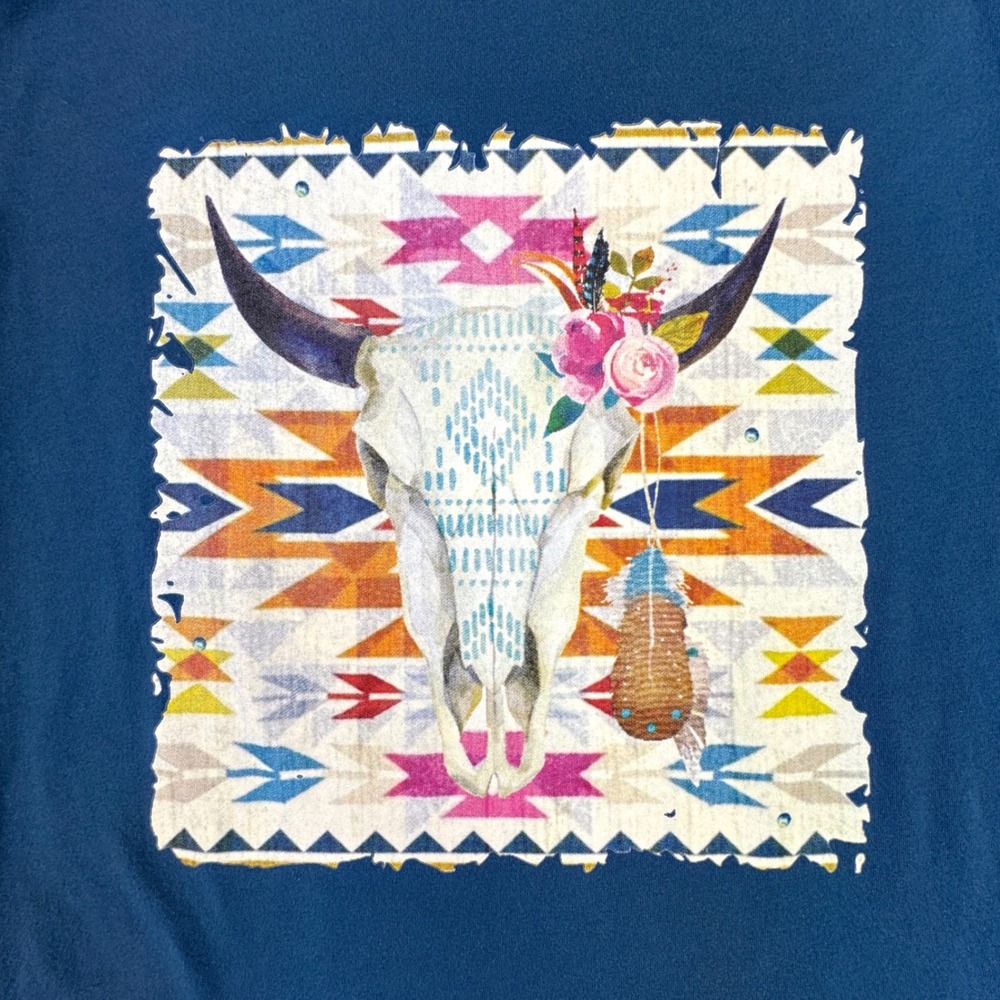 Western T-Shirt Women's Medium Aztec Skull Retro Blue Southwestern‎ Cowgirl